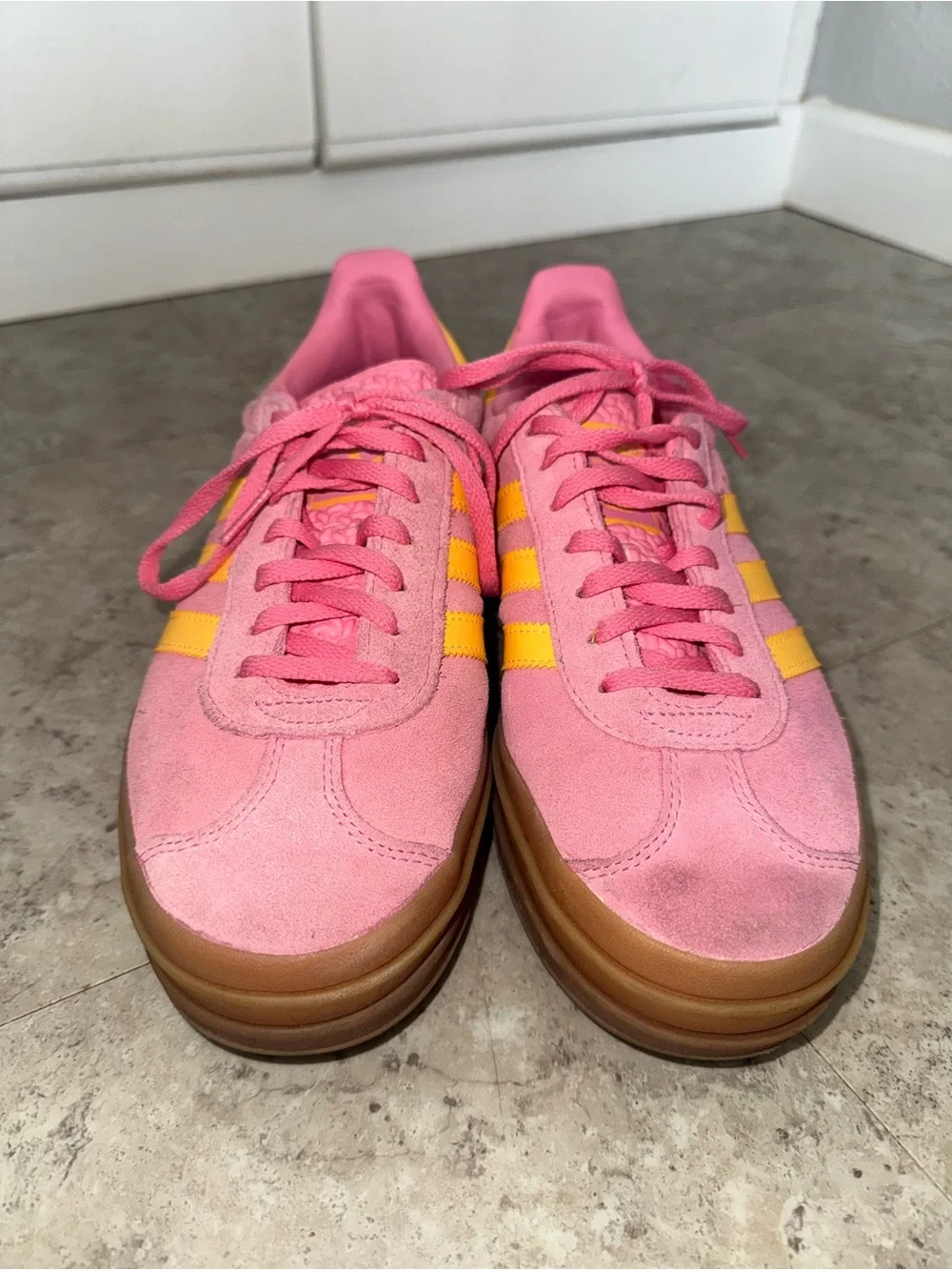 adidas Pink Suede Platform Sneakers with Yellow Stripes